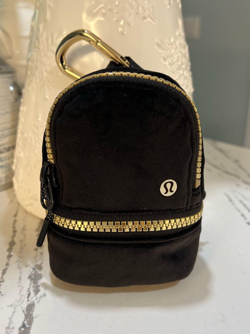 lululemon athletica Velour Black Mini Backpack Keychain Pouch with Gold Hardware